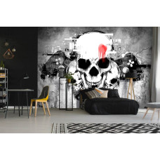 Een vliesbehang met een gaming-thema en schedels, geschikt voor een kinderkamer.
