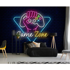 Fotobehang Game Zone Neon Design in een tienerkamer met opvallend neon gamecontrollerontwerp en levendige kleuren.