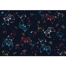 Fotobehang van verschillende gamecontrollers, ontworpen voor een gamingkamer of een speelse ruimte.