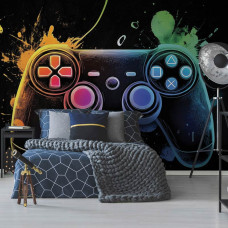 Fotobehang met neonlichten en een gamecontroller in een moderne kinderkamer met gaming sfeer.