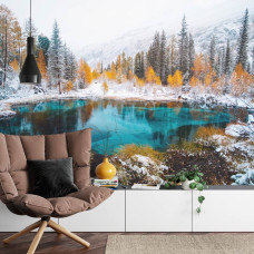 Een fotobehang met een prachtig uitzicht op het Geisermeer en de natuur, ideaal voor een huiskamer.