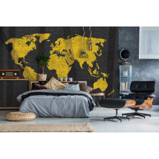 Een fotobehang van een gele wereldkaart op een betonachtergrond met abstracte details, perfect voor een slaapkamer.