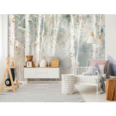 Een fotobehang van geschilderd bos met bomen in kunststijl in de kinderkamer.