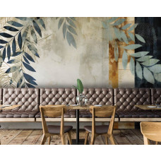 Een fotobehang van geschilderde bladeren op beton in kunststijl in een restaurant.