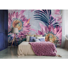 Een fotobehang van geschilderde bloemen en bladeren op beton in een romantische slaapkamer.