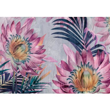 Fotobehang van geschilderde bloemen en bladeren op een betonnen ondergrond, met een kunstzinnig effect.