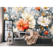 Fotobehang met geschilderde bloemenpracht in een stijlvolle woonkamer.