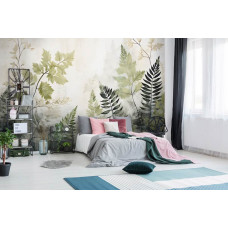 Een fotobehang van geschilderde groene bladeren in natuurstijl in de slaapkamer.