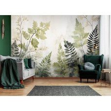 Een fotobehang van geschilderde groene bladeren in natuurstijl in de woonkamer.