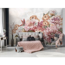 Een fotobehang van geschilderde oud-roze bloemen in een serene slaapkamer.