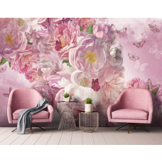 Een fotobehang van geschilderde pioenrozen en vlinders in een stijlvolle woonkamer.