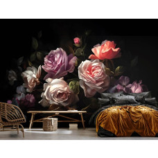 Een fotobehang van een schilderij van geschilderde rozen op bloemen in een slaapkamer.