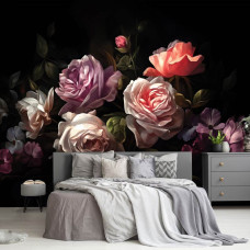 Een fotobehang van een schilderij van geschilderde rozen op bloemen in een slaapkamer op vliesbehang.