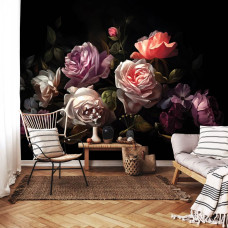 Een fotobehang van een schilderij van geschilderde rozen op bloemen in een woonkamer.