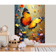 Een fotobehang van een kunstzinnige vlinder met bloemen in de slaapkamer, dat de ruimte een verfijnde en speelse sfeer geeft.