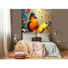 Een fotobehang van een geschilderde vlinder in kunststijl met bloemen, dat de slaapkamer verrijkt met een kleurrijke en elegante uitstraling.