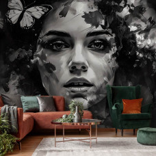 Een fotobehang van een geschilderd portret van een vrouw en vlinder in de woonkamer met een romantisch tintje.