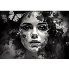 Geschilderde vrouw en vlinder, afgebeeld in een gedetailleerd kunstportret op fotobehang.