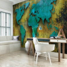 Een fotobehang van een geschilderde wereldkaart als abstracte kunst voor het kantoor.