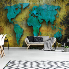 Een fotobehang van een geschilderde wereldkaart als abstracte kunst voor de woonkamer.
