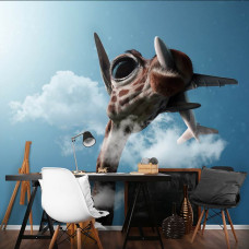 Een fotobehang van een giraffe met luchtvervuiling en een vliegtuig in de wolken te zien in een kantoor.