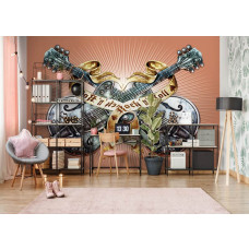 Een fotobehang met oranje rock-gitaren in een heavy metal stijl, perfect voor een kinderkamer.