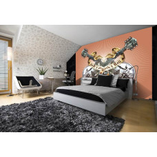 Een fotobehang met oranje gitaren in een rock en metal thema, geschikt voor de slaapkamer.