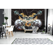 Een fotobehang met zwarte gitaren in een rock- en metalstijl, ideaal voor een huiskamer.