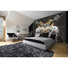 Een fotobehang met een heavy metal gitaar in zwart, passend voor een kinderkamer.