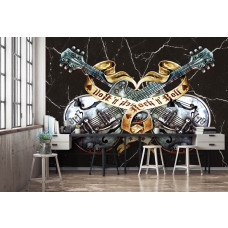 Een fotobehang met zwarte gitaren in heavy metal thema, perfect voor een woonkamer.