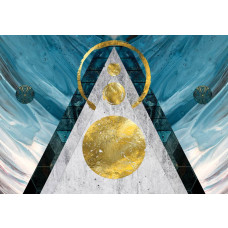 Fotobehang in art-decostijl, met geometrische vormen en goudkleurige elementen.