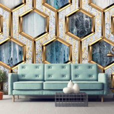 Een luxe fotobehang met gouden zeshoeken in een glamourstijl te zien in de huiskamer.