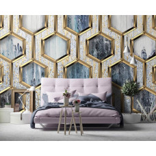 Een luxe fotobehang met gouden zeshoeken in een glamourstijl te zien in de slaapkamer.