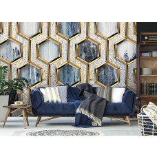 Een luxe fotobehang met gouden zeshoeken in een glamourstijl te zien in de woonkamer.