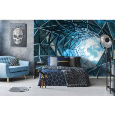 Een fotobehang van een glazen tunnel met 3D-effect in een gebouw voor de slaapkamer.