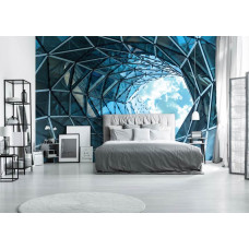 Een fotobehang van een glazen tunnel met 3D-effect in een gebouw voor de woonkamer en slaapkamer.
