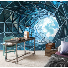 Een fotobehang van een glazen tunnel met 3D-effect in een gebouw voor de woonkamer.