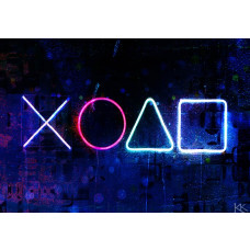 Fotobehang met lichtgevende PlayStation-symbolen op een donkere achtergrond in een futuristische urban stijl.