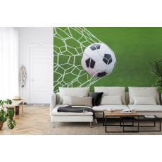 Een fotobehang met een voetbal op het moment van een succesvol doelpunt in een woonkamer.