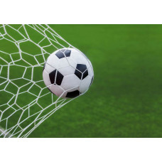 Fotobehang van een voetbal die met kracht in het doel schiet, waarbij het net strak gespannen staat na het doelpunt.