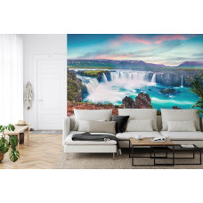 Fotobehang van de Godafoss waterval in IJsland, groot afgebeeld in een moderne woonkamer met minimalistisch interieur.