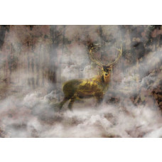Fotobehang met een gouden hert in een mistig herfstbos, ideaal voor een rustgevende sfeer.