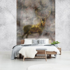 Een fotobehang met een gouden hert in een mistig herfstlandschap, geschikt voor een slaapkamer.