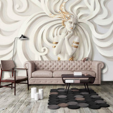 Een fotobehang van een gouden vrouw in een abstract kunstwerk met reliėfeffect voor de slaapkamer.