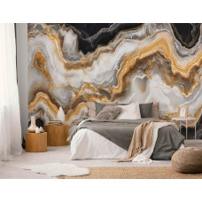 Fotobehang met vloeiende marmerlijnen in goud en zandkleur in een stijlvolle slaapkamer.