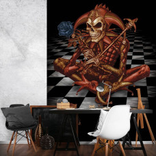 Een fotobehang van Gothic Fool's Familiar met skelet clown, joker en schaakbord voor de gamekamer.