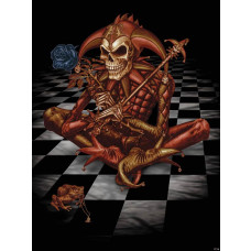 Fotobehang van een skeletclown met schaakbord, gotisch en mysterieus.