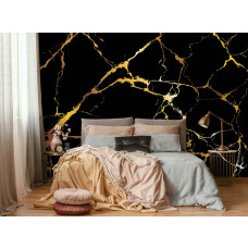 Een fotobehang met goud en zwart marmer in een industrieel design, perfect voor een slaapkamer.
