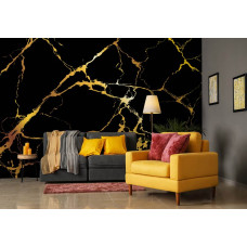 Een marmer-thema fotobehang in goud en zwart met een luxueuze uitstraling, geschikt voor een woonkamer.