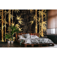 Een fotobehang van gouden bamboe in een minimalistische slaapkamer.